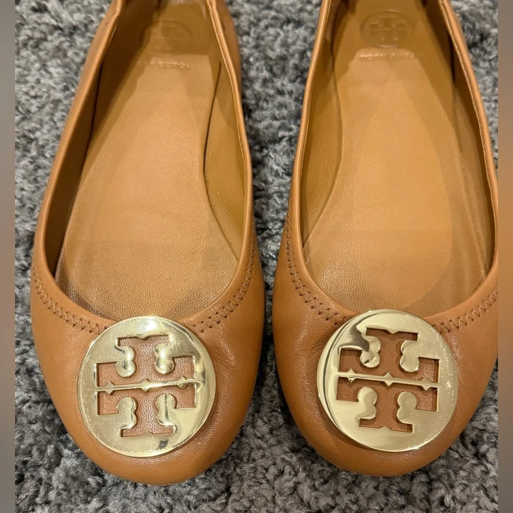 Tory Burch Minnie Travel Ballet Flat In Royal Tan/Gold Sz Womens 6.5